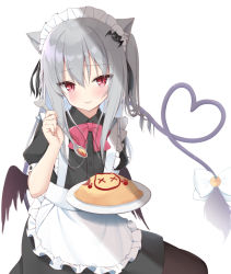 Rule 34 | 1girl, animal ear fluff, animal ears, apron, bat hair ornament, black dress, black wings, blush, bow, brown pantyhose, cat ears, closed mouth, commentary request, demon girl, demon tail, demon wings, dress, food, frilled apron, frills, hair between eyes, hair ornament, hand up, heart, heart tail, holding, holding spoon, kamu (geeenius), long hair, looking at viewer, low wings, maid, maid headdress, omelet, omurice, one side up, original, pantyhose, plate, puffy short sleeves, puffy sleeves, red bow, red eyes, short sleeves, silver hair, simple background, smile, solo, spoon, tail, tail bow, tail ornament, very long hair, white apron, white background, white bow, wings, x x