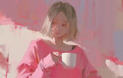 Rule 34 | 1girl, 96yottea, blonde hair, closed mouth, cup, highres, holding, holding cup, long sleeves, looking to the side, mug, original, pink sweater, short hair, sideways glance, sleeves past wrists, solo, sweater, upper body