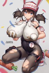 Rule 34 | 1girl, absurdres, animal, animal ears, arm strap, bilibili xiaolu, black leotard, black pantyhose, blue eyes, blush, carrot, chinese commentary, collar, detached collar, ears through headwear, highres, holding, holding animal, id card, kneeling, leotard, looking at viewer, original, pantyhose, pouch, rabbit, rabbit ears, rabbit girl, rabbit tail, red footwear, short hair with long locks, siblings, solo, tail, thigh pouch, thigh strap, torn clothes, torn pantyhose, twins, twintails, white collar