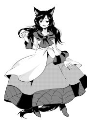 Rule 34 | 1girl, animal ears, bad id, bad pixiv id, brooch, greyscale, imaizumi kagerou, jewelry, long hair, long sleeves, looking at viewer, monochrome, open mouth, shinoasa, shirt, skirt, smile, solo, tail, touhou, wide sleeves, wolf ears, wolf tail