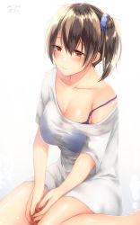 Rule 34 | 10s, 1girl, alternate costume, artist name, between legs, blue bra, blue scrunchie, blush, bra, bra visible through clothes, breasts, brown eyes, brown hair, cleavage, collarbone, dated, fingernails, hair between eyes, hand between legs, highres, kaga (kancolle), kantai collection, large breasts, off shoulder, sakiryo kanna, scrunchie, see-through, shirt, short hair, short sleeves, side ponytail, signature, simple background, sitting, solo, strap slip, underwear, wariza, white background, white shirt