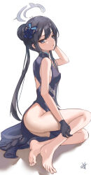Rule 34 | 1girl, ass, barefoot, black dress, black gloves, black hair, blue archive, butterfly hair ornament, china dress, chinese clothes, commentary request, double bun, dress, gloves, grey eyes, hair between eyes, hair bun, hair ornament, halo, highres, kisaki (blue archive), legs, lolifreak, long hair, looking at viewer, no panties, parted lips, pelvic curtain, side slit, sidelocks, simple background, soles, solo, thighs, toenails, toes, twintails, white background