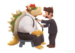 Rule 34 | 2boys, absurdres, artist name, belt, black belt, black jacket, black necktie, black pants, bowser, brown footwear, brown hair, claws, closed eyes, closed mouth, cody soh, collared shirt, commentary, dress shirt, english commentary, facial hair, fang, fang out, highres, horns, jacket, long sleeves, luigi, male focus, mario (series), multiple boys, mustache, necktie, nintendo, on stool, open clothes, open jacket, pants, profile, red hair, shirt, shoes, short hair, simple background, sitting, smile, spiked shell, spiked tail, spikes, standing, stool, suspenders, tail, turtle shell, white background, white shirt, wing collar