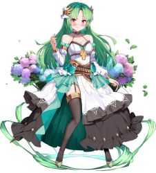 Rule 34 | 1girl, aqua flower, ark order, belt, black thighhighs, blue flower, blush, breasts, brown belt, brown sash, chain, cleavage, detached sleeves, dress, dress flower, flower, full body, garter straps, gold chain, gold trim, green hair, hair ornament, holding, holding string, hydrangea, lachesis (ark order), leaf, long hair, long sleeves, looking at viewer, medium breasts, official art, parted bangs, pink eyes, puffy long sleeves, puffy sleeves, purple flower, shoes, smile, solo, string, tachi-e, thighhighs, transparent background, very long hair, white dress
