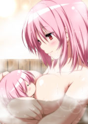 Rule 34 | 2girls, baby, bathing, blush, blush stickers, breast sucking, breastfeeding, chibi, collarbone, commentary request, highres, mother and daughter, multiple girls, nori tamago, nude, pink hair, red eyes, saigyouji yuyuko, smile, sparkle, touhou, upper body, wet