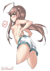 Rule 34 | 10s, 1girl, ahoge, bad id, bad twitter id, blush, breasts, brown eyes, brown hair, cowboy shot, cropped legs, ebifurya, from side, gluteal fold, hair censor, hair over breasts, highres, huge ahoge, inactive account, kantai collection, kuma (kancolle), long hair, looking at viewer, matching hair/eyes, no panties, profile, shorts, sidelocks, simple background, small breasts, solo, speech bubble, spoken blush, topless, twitter username, upshorts, white background, white shorts