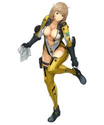 Rule 34 | 1girl, adjusting footwear, bodysuit, breasts, brown hair, center opening, gloves, holding, holster, katrina company, large breasts, leg up, legs up, messy hair, official art, short hair, solo, super robot wars, super robot wars x-omega, thigh holster, transparent background, watanabe wataru (character designer)