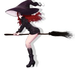 Rule 34 | 1girl, ass, black dress, black footwear, black hat, black jacket, black socks, boots, breasts, broom, broom riding, closed mouth, commentary, copyright request, dress, drop shadow, english commentary, eyepatch, floating hair, from side, grey eyes, hat, highres, jacket, lawnielle, long hair, long sleeves, looking at viewer, looking to the side, medium breasts, panties, red hair, red panties, simple background, socks, solo, underwear, white background, witch hat