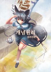 Rule 34 | 1girl, animal ears, bad id, bad pixiv id, basket, capelet, dress, flying, from above, gensokyo, glowing, grey dress, grey hair, highres, holding, holding weapon, korean text, leg up, legs, looking down, mo ne, mouse (animal), mouse ears, mouse tail, nazrin, palanquin ship, red eyes, sample watermark, shading eyes, short sleeves, sky, socks, solo, sunlight, tail, text focus, thighs, touhou, translation request, watermark, weapon, white socks