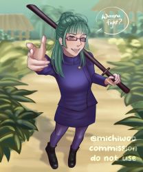 Rule 34 | arm up, boots, glasses, green hair, highres, jujutsu kaisen, laughing, ponytail, teeth, weapon, weapon on back, zen&#039;in maki, zenin maki