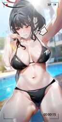 Rule 34 | 1girl, absurdres, battery indicator, bikini, black bikini, black hair, blue archive, blurry, blurry background, blush, breasts, closed mouth, cowboy shot, day, gluteal fold, hair ornament, hashtag only commentary, highres, joacy, large breasts, long hair, looking to the side, outdoors, ponytail, pool, recording, red eyes, rio (blue archive), solo, spoken blush, sunlight, swimsuit, thighs, viewfinder