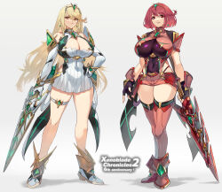 Rule 34 | absurdres, blonde hair, breasts, highres, large breasts, multiple girls, mythra (xenoblade), negresco, pyra (xenoblade), red eyes, red hair, xenoblade chronicles (series), xenoblade chronicles 2, yellow eyes