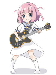 Rule 34 | 1girl, black bow, blue eyes, blue sailor collar, blush stickers, bocchi the rock!, bow, closed mouth, commentary request, dress, electric guitar, full body, gotoh futari, guitar, highres, holding, holding instrument, instrument, kapuru 0410, looking at viewer, pink hair, sailor collar, sailor dress, shadow, shirt, short sleeves, simple background, smile, socks, solo, standing, star (symbol), striped, striped bow, two side up, white background, white shirt, white socks