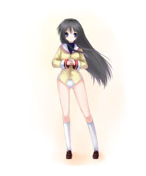 Rule 34 | 00s, 1girl, black hair, blue eyes, clannad, floating hair, long hair, long sleeves, looking at viewer, own hands together, panties, sakagami tomoyo, shima-shuu, simple background, sleeve cuffs, solo, standing, underwear, white background, white panties