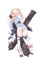 Rule 34 | 1girl, ass, blonde hair, blush, breasts, cameltoe, cannon, from behind, full-face blush, full body, grey eyes, hair ornament, japanese clothes, long hair, long sleeves, looking back, matsumae (shirohime quest), official art, personification, profile, ribbon, shirohime quest, sideboob, small breasts, solo, tears, thighhighs, torn clothes, transparent background, twintails, weapon, white thighhighs