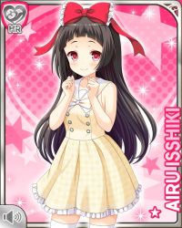 Rule 34 | 1girl, bare shoulders, black hair, blush, bow, character name, closed mouth, collarbone, dress, girlfriend (kari), hair bow, isshiki airu, long hair, looking at viewer, official art, pink background, qp:flapper, red bow, red eyes, smile, tagme, white bow, yellow dress