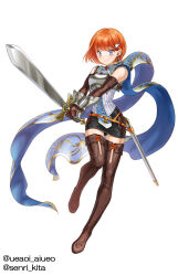 Rule 34 | 1girl, armor, black skirt, blue eyes, boots, brown footwear, brown gloves, chest guard, closed mouth, earrings, elbow gloves, full body, gloves, holding, holding sword, holding weapon, indie virtual youtuber, jewelry, kita senri, orange hair, pencil skirt, scabbard, sheath, short hair, simple background, skirt, smile, solo, sword, thigh boots, twitter username, ue aoi (vtuber), unsheathed, virtual youtuber, weapon, white background