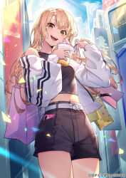 Rule 34 | 1girl, bag, bang dream!, bare shoulders, blonde hair, blush, breasts, brown eyes, cowboy shot, crop top, cup, earrings, essual (layer world), highres, holding, holding bag, holding cup, jacket, jewelry, kirigaya toko, long hair, looking at viewer, medium breasts, midriff, nail polish, navel, open clothes, open jacket, open mouth, outdoors, short shorts, shorts, smile, solo, wavy hair, yellow eyes