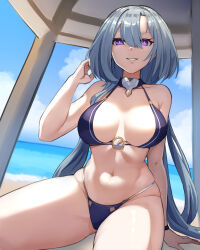 Rule 34 | 1girl, absurdres, aged up, arm support, bikini, blue bikini, blue hair, blue sky, breasts, cream bread, day, grin, griseo, griseo (cosmic expression), hair between eyes, hand up, highres, honkai (series), honkai impact 3rd, large breasts, long hair, looking at viewer, navel, purple eyes, sitting, sky, smile, solo, stomach, swimsuit, very long hair