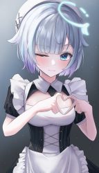 Rule 34 | 1girl, absurdres, amemiya nazuna, angel, apron, blue eyes, blush, breasts, broken halo, cleavage cutout, clothing cutout, commentary, english commentary, fang, halo, hat, heart, heart hands, highres, looking at viewer, maid, maid apron, one eye closed, short hair, skin fang, small breasts, smile, virtual youtuber, vivid (vividusss), vshojo, white apron, white hair, white headwear