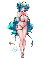 Rule 34 | 1girl, absurdres, aqua hair, artist name, bare shoulders, bikini, blue eyes, blue hair, blush, breasts, cian yo, cleavage, collarbone, criss-cross halter, earrings, full body, gradient hair, hair ornament, halterneck, highres, huge breasts, jewelry, league of legends, long hair, looking at viewer, multicolored hair, navel, ribbon, shiny swimsuit, simple background, skindentation, solo, sona (league of legends), standing, swimsuit, thigh strap, thighs, twintails, very long hair, white background
