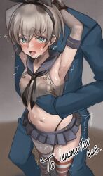 Rule 34 | 1boy, 1girl, ahegao, animal ears, armpits, arms up, black neckerchief, black panties, blue eyes, blue neckerchief, blue sailor collar, blue skirt, blush, bound, bound wrists, bow hairband, breasts, clothed sex, commentary request, commission, cosplay, crop top, cropped shirt, eckert&amp;eich, elbow gloves, excessive pussy juice, fake animal ears, gloves, grabbing, grabbing another&#039;s breast, grey hair, groping, hairband, hand under clothes, hand under shirt, heart, heart-shaped pupils, hetero, highleg, highleg panties, highres, kantai collection, microskirt, navel, neckerchief, nose blush, open mouth, panties, petite, pleated skirt, pussy juice, rabbit ears, sailor collar, sex, sex from behind, shimakaze (kancolle), shimakaze (kancolle) (cosplay), shirt, short hair, signature, simple background, skeb commission, skirt, small breasts, standing, stomach, striped clothes, striped thighhighs, sweat, symbol-shaped pupils, thighhighs, twitter username, underwear, very sweaty, white gloves, z1 leberecht maass (kancolle)