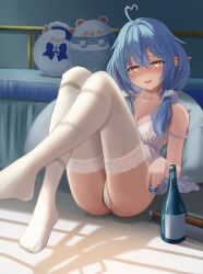 Rule 34 | 1girl, absurdres, ahoge, alcohol, babydoll, blue hair, blush, bottle, breasts, collarbone, colored tips, coppelion1991, cup, daifuku (yukihana lamy), drunk, hair ornament, heart, heart ahoge, highres, holding, holding cup, hololive, lace trim, large breasts, light rays, long hair, looking at viewer, low twintails, multicolored hair, official alternate hair length, official alternate hairstyle, open mouth, panties, pillow, pointy ears, pom pom (clothes), pom pom hair ornament, sake, sake bottle, sitting, smile, solo, strap slip, streaked hair, sunbeam, sunlight, sweat, thighhighs, twintails, two side up, underwear, virtual youtuber, white thighhighs, yellow eyes, yukihana lamy, yukimin (yukihana lamy)