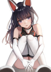 Rule 34 | 1girl, agatsuma kaede, alice gear aegis, alternate hairstyle, bare shoulders, black hair, blush, elbow gloves, gloves, headgear, highres, knees up, leotard, long hair, looking at viewer, parted lips, ponytail, purple eyes, simple background, sitting, smile, solo, sunga2usagi, thighhighs, thighs, white background, white gloves, white leotard, white thighhighs