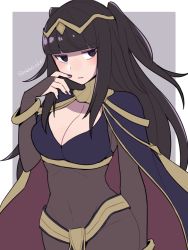 Rule 34 | 1girl, black cape, black eyes, black hair, black nails, blunt bangs, blush, bodystocking, bracelet, breasts, bridal gauntlets, cape, cleavage, covered navel, do m kaeru, female focus, fingernails, fire emblem, fire emblem awakening, gold trim, hair ornament, jewelry, large breasts, long hair, looking at viewer, matching hair/eyes, multicolored cape, multicolored clothes, nail polish, nintendo, parted lips, pelvic curtain, red cape, sidelocks, skin tight, solo, tharja (fire emblem), tiara, twitter username, two side up
