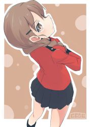 Rule 34 | 10s, 1girl, artist name, black footwear, black skirt, boots, braid, brown eyes, brown hair, cbgb, closed mouth, crossed arms, epaulettes, from behind, girls und panzer, hair ornament, hair over shoulder, hairclip, highres, jacket, leaning back, light smile, long hair, long sleeves, looking at viewer, looking back, military, military uniform, miniskirt, outline, outside border, pleated skirt, red jacket, rukuriri (girls und panzer), signature, single braid, skirt, solo, st. gloriana&#039;s military uniform, standing, uniform, white outline