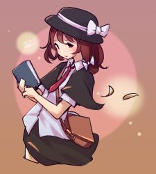 Rule 34 | 1girl, artist name, bag, black capelet, black hat, black skirt, blush, book, bow, brown eyes, brown hair, capelet, collared shirt, commentary, cropped legs, dated, dated commentary, hair bow, hat, hat bow, holding, holding book, necktie, orange background, red necktie, ribbon, shirt, short hair, short sleeves, shoulder bag, signature, simple background, skirt, solo, touhou, umenodo, usami renko, white bow, white shirt