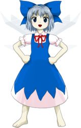 Rule 34 | 1girl, :d, bad anatomy, bad feet, bad hands, barefoot, blue eyes, blue hair, cirno, double dealing character, fairy, full body, ice, lowres, matching hair/eyes, official art, open mouth, ribbon, smile, solo, touhou, transparent background, white background, wings, zun (artist)