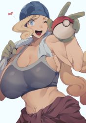 Rule 34 | 1girl, bare shoulders, blonde hair, blue background, blue eyes, blue hat, blurry, blush, breasts, brown sweater, cleavage, clothes around waist, collarbone, creatures (company), depth of field, female focus, game freak, gloves, green gloves, hands up, happy, hard hat, hat, heart, helmet, holding, holding poke ball, huge breasts, kamaboko (ossann0125), light blush, long hair, looking at viewer, navel, nintendo, one eye closed, open mouth, poke ball, poke ball (basic), pokemon, pokemon swsh, simple background, smile, solo, sports bra, standing, stomach, sweater, sweater around waist, teeth, toned, towel, towel around neck, upper body, wavy hair, wink, worker (pokemon)