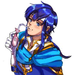 Rule 34 | 1girl, blue eyes, blue hair, condom, drinking from condom, drinking straw, facing to the side, fire emblem, fire emblem: genealogy of the holy war, gloves, headband, leifbel, looking at viewer, nintendo, ponytail, seliph (fire emblem), smile, solo, upper body, white gloves, yaoi