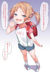 Rule 34 | 1girl, :d, backpack, bag, blue eyes, blue shorts, blush, breasts, brown hair, child, clothes writing, collarbone, full body, gradient background, hair bobbles, hair ornament, hand to own mouth, hand up, highres, konnyaku (kk-monmon), looking at viewer, open mouth, original, parted bangs, pink footwear, purple background, raglan sleeves, randoseru, ribbed legwear, romaji text, shadow, shirt, shoes, short shorts, short sleeves, shorts, side ponytail, small breasts, smile, socks, solo, standing, suspender shorts, suspenders, teeth, translated, upper teeth only, white background, white shirt, white socks