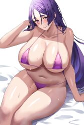 Rule 34 | 1girl, absurdres, bikini, blush, breasts, cleavage, closed mouth, collarbone, fate/grand order, fate (series), hand in own hair, highres, jasony, large breasts, long hair, looking at viewer, micro bikini, minamoto no raikou (fate), navel, paid reward available, purple bikini, purple eyes, purple hair, sideboob, sitting, smile, solo, swimsuit, thick eyebrows, thighs, underboob