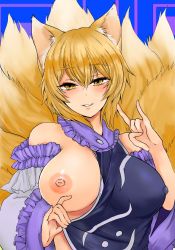 Rule 34 | 1girl, animal ear fluff, animal ears, bad hand, blonde hair, blush, breasts, breasts out, covered erect nipples, dot nose, artistic error, extra digits, fox ears, fox girl, fox shadow puppet, fox tail, frills, highres, large breasts, looking at viewer, multiple tails, nipples, no headwear, no headwear, shirt aside, solo, tail, touhou, washiwa, yakumo ran, yellow eyes