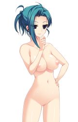 Rule 34 | 1girl, black eyes, breasts, censored, game cg, green hair, koi mo h mo obenkyou mo omakase! oneechan-bu, kumatora tatsumi, large breasts, legs, looking at viewer, nipples, nude, pussy, simple background, smile, solo, standing, thighs, white background