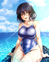 Rule 34 | 1girl, adapted costume, beach, black hair, blue sky, blush, breasts, brown eyes, caustics, cloud, cloudy sky, collarbone, competition swimsuit, day, haguro (kancolle), hair between eyes, hair ornament, kantai collection, large breasts, light reflection (water), looking at viewer, makka na kedamono, ocean, one-piece swimsuit, open mouth, purple one-piece swimsuit, rock, short hair, sitting, sky, smile, solo, sun, sunlight, swimsuit, water, wet, wide hips