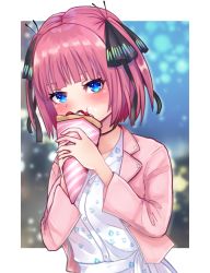 Rule 34 | 1girl, absurdres, black ribbon, blue eyes, blunt bangs, blush, breasts, butterfly hair ornament, cream, cream on face, crepe, dress, food, food on face, go-toubun no hanayome, hair ornament, highres, jacket, jewelry, kurosaki coco, looking at viewer, multicolored nails, nail polish, nakano nino, necklace, pink hair, pink jacket, ribbon, twintails, white dress