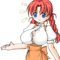 Rule 34 | !, 1girl, blue eyes, blush, braid, breasts, bursting breasts, cleavage, huge breasts, long hair, looking at viewer, lowres, miyata gakuman, parted lips, red hair, simple background, sketch, solo, standing, twin braids, white background