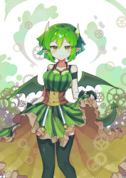 Rule 34 | 1girl, absurdres, blush, breasts, closed mouth, collarbone, draco centauros, dragon girl, dragon horns, dragon tail, dragon wings, fingerless gloves, gloves, goggles, goggles around neck, green gloves, green thighhighs, highres, horns, large breasts, looking at viewer, offbeat, official alternate costume, pointy ears, puyopuyo, puyopuyo quest, short hair, smile, solo, tail, thighhighs, wings