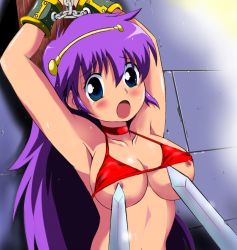 Rule 34 | 1girl, armpits, arms up, bikini, bikini top only, blue eyes, blush, breasts, hairband, long hair, nipples, poking, princess athena, purple hair, red bikini, restrained, snk, solo, swimsuit, sword, t2, tears, the king of fighters, weapon