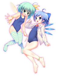 Rule 34 | 2girls, ahoge, alternate hairstyle, anklet, artistic error, barefoot, blue eyes, blue hair, blush, bow, breasts, cirno, daiyousei, fairy wings, fang, feet, flat chest, green eyes, green hair, green legwear, hair bow, hair ornament, hair ribbon, hairpin, highres, ice, ice wings, jewelry, long hair, multiple girls, one-piece swimsuit, open clothes, open mouth, open shirt, pikazo, ribbon, school swimsuit, shirt, short hair, side ponytail, small breasts, striped clothes, striped legwear, striped thighhighs, swimsuit, thighhighs, touhou, wings