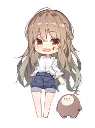 Rule 34 | 1girl, :d, ahoge, barefoot, blue shorts, braid, brown eyes, brown hair, chibi, clip studio paint (medium), full body, hair between eyes, highres, long hair, long sleeves, looking at viewer, off-shoulder shirt, off shoulder, open mouth, original, se.a, shirt, short shorts, shorts, simple background, smile, solo, standing, very long hair, white background, white shirt