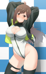 Rule 34 | 1girl, alice gear aegis, arms up, black thighhighs, blush, breasts, brown eyes, brown hair, cleavage, cleavage cutout, clothing cutout, commentary request, heattech leotard, highleg, highleg leotard, highres, jacket, large breasts, leotard, long hair, looking at viewer, open clothes, open jacket, simple background, skindentation, smile, solo, thighhighs, turtleneck, unpasu, usamoto anna, white leotard