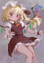 Rule 34 | 1girl, absurdres, ascot, blonde hair, blush, closed mouth, crystal, feet out of frame, flandre scarlet, flat chest, frilled shirt collar, frills, grey background, hat, highres, light smile, looking at viewer, mob cap, one side up, orange ascot, petticoat, puffy short sleeves, puffy sleeves, red eyes, red skirt, red vest, reddizen, short hair, short sleeves, simple background, skirt, solo, touhou, vest, white hat, wings, wrist cuffs