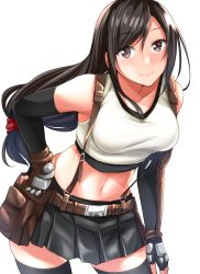 Rule 34 | 1girl, akihila, belt, black skirt, black thighhighs, blush, breasts, collarbone, crop top, elbow gloves, final fantasy, final fantasy vii, final fantasy vii remake, fingerless gloves, gloves, hand on own hip, hand on own leg, highres, large breasts, long hair, looking at viewer, pleated skirt, pouch, red eyes, shirt, sidelocks, simple background, skirt, smile, solo, sports bra, suspenders, thighhighs, tifa lockhart, white background, white shirt