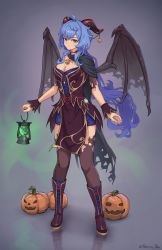 Rule 34 | ahoge, bell, black cape, black thighhighs, blue hair, boots, breasts, cape, cleavage, commentary, cowbell, demon wings, dress, english commentary, ganyu (genshin impact), genshin impact, goat horns, grey background, halloween, halloween costume, highres, holding, holding lantern, horn ornament, horns, jack-o&#039;-lantern, lantern, long hair, looking at viewer, medium breasts, multicolored eyes, neck bell, purple dress, purple eyes, purple footwear, short dress, smile, stormstx, thighhighs, torn cape, torn clothes, torn thighhighs, torn wings, twitter username, vision (genshin impact), wings, wrist cuffs