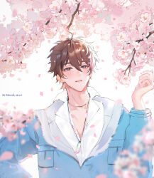 Rule 34 | 1boy, bishounen, brown eyes, cherry blossoms, eiden (nu carnival), gem, jewelry, light brown hair, long sleeves, looking at viewer, male focus, necklace, nu carnival, owner bird, short hair